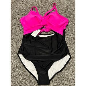 B3 EoMENIE Pink & Black Twist Front One Piece Swimsuit - Women's 2XL‎